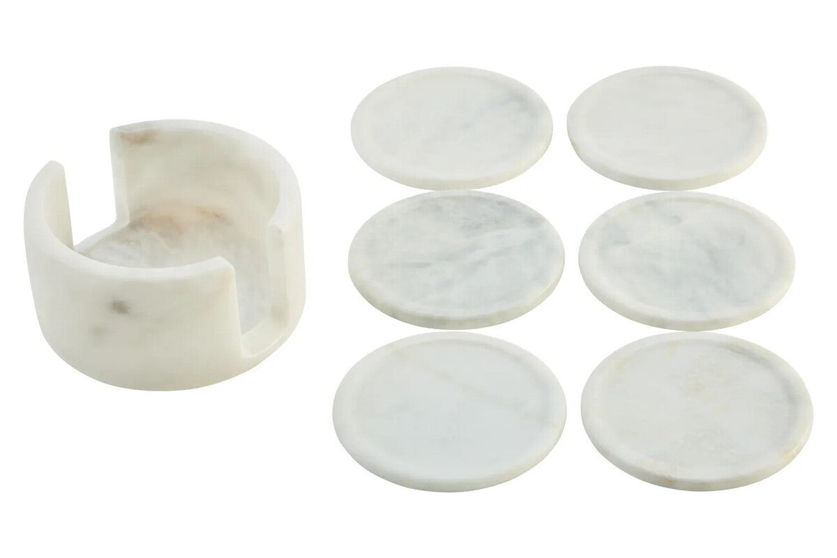 Kindia White Marble Set Of Six Round Coasters with Holder