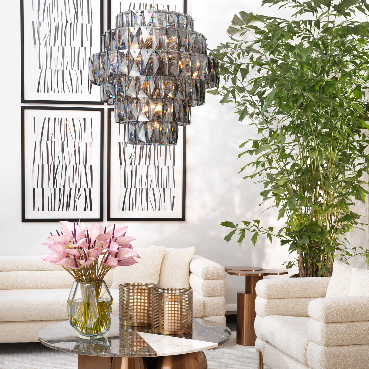 Eichholtz Lighting Chandelier Amazone L - Nickel Finish with Smoke Glass House of Isabella UK