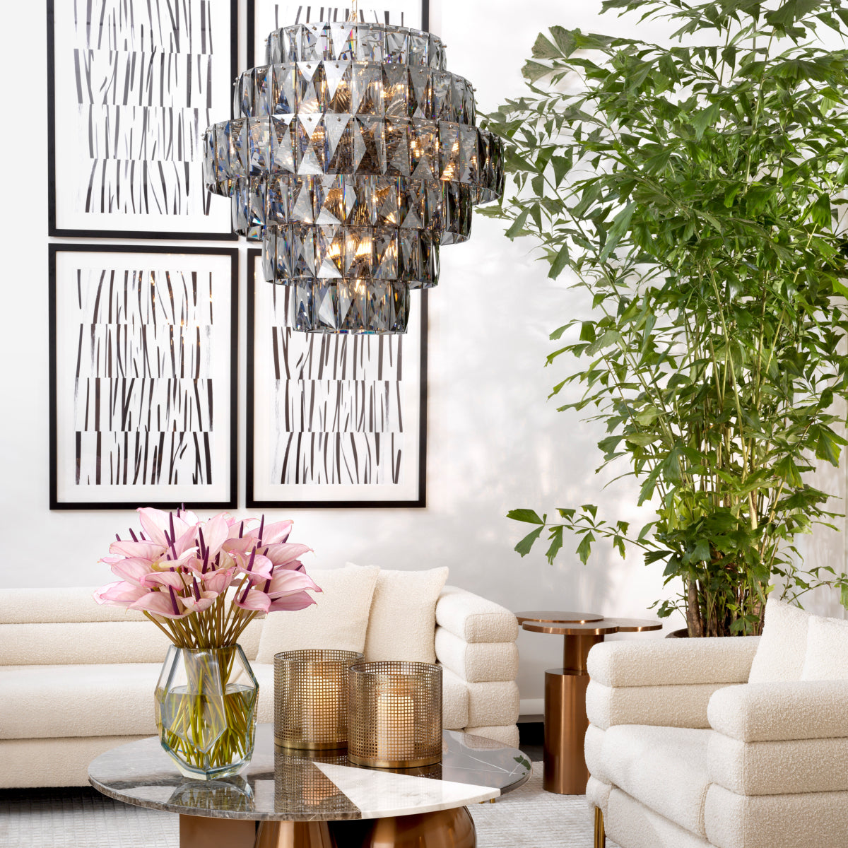 Eichholtz Lighting Chandelier Amazone L - Nickel Finish with Smoke Glass House of Isabella UK