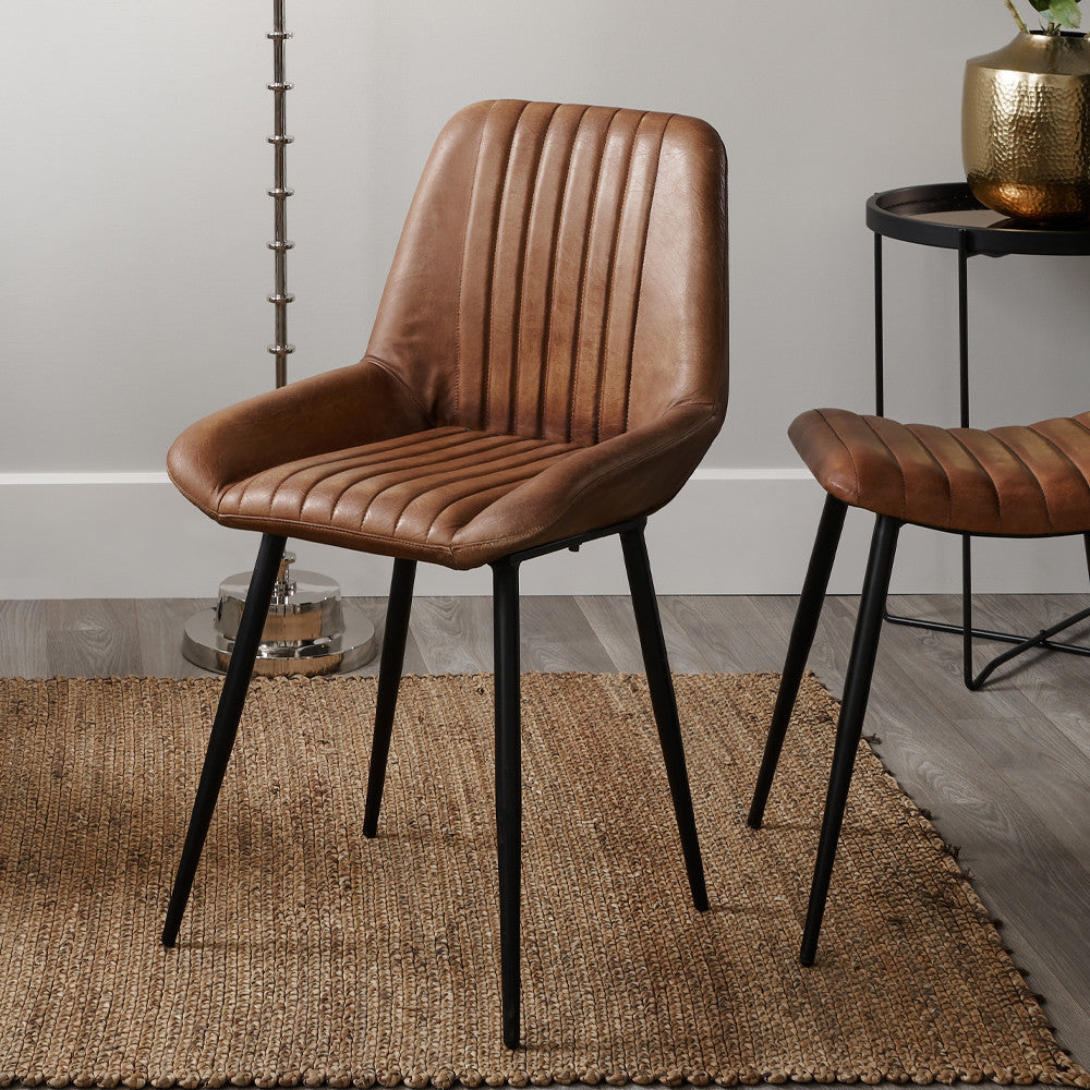 Angelo Vintage Brown Leather and Iron Retro Dining Chair K/D