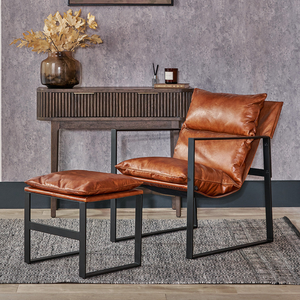 Nico Vintage Brown Leather Chair and Footstool