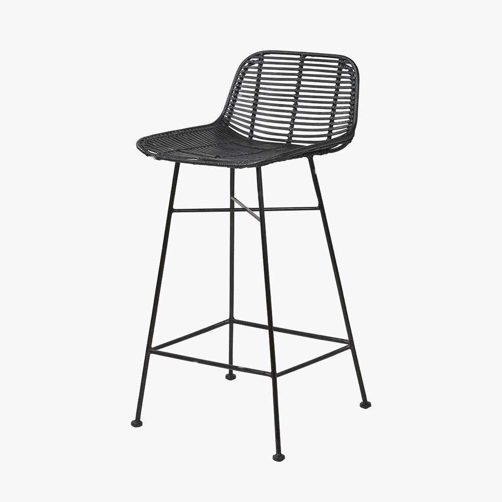 Black Rattan Core and Black Metal Bar Stool