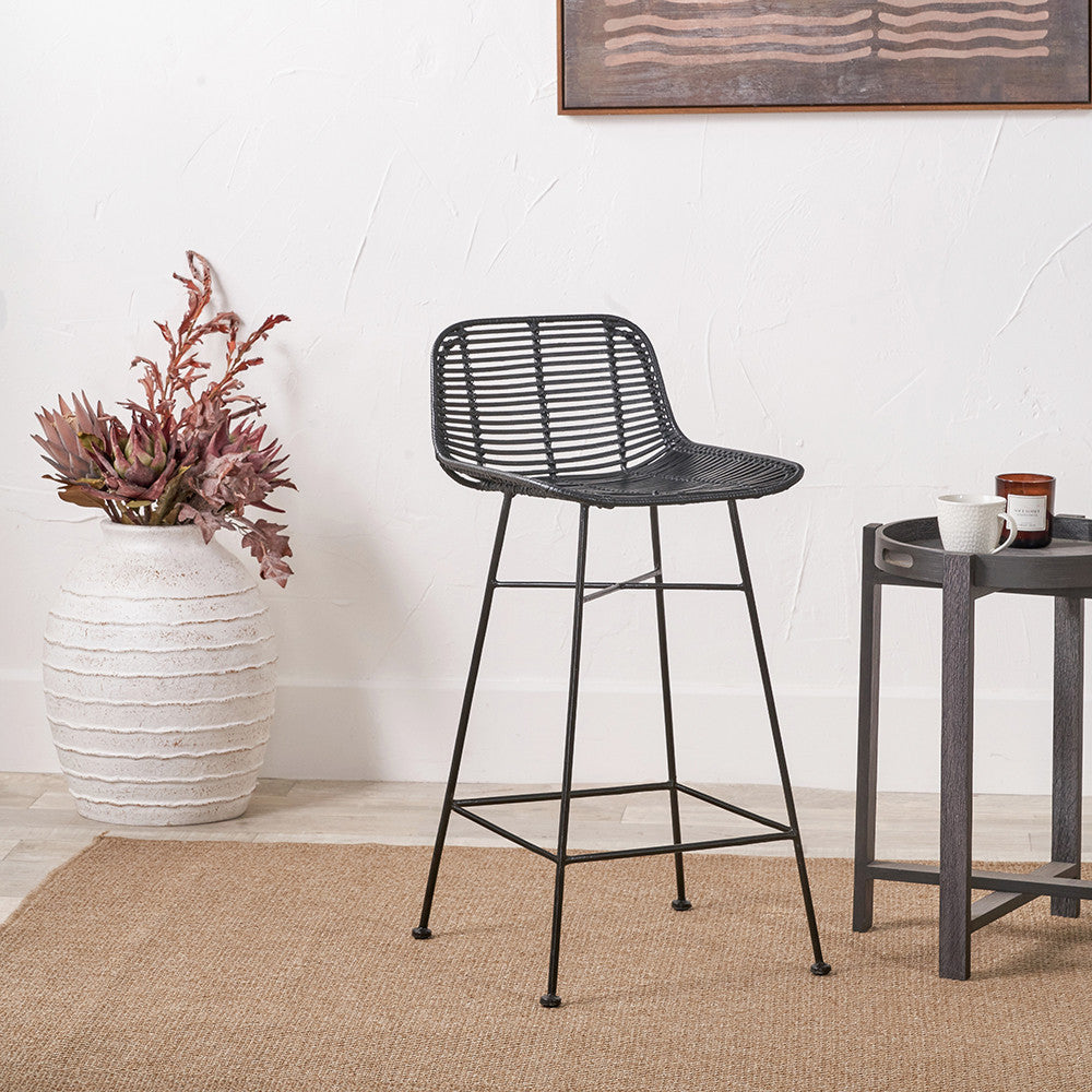 Black Rattan Core and Black Metal Bar Stool