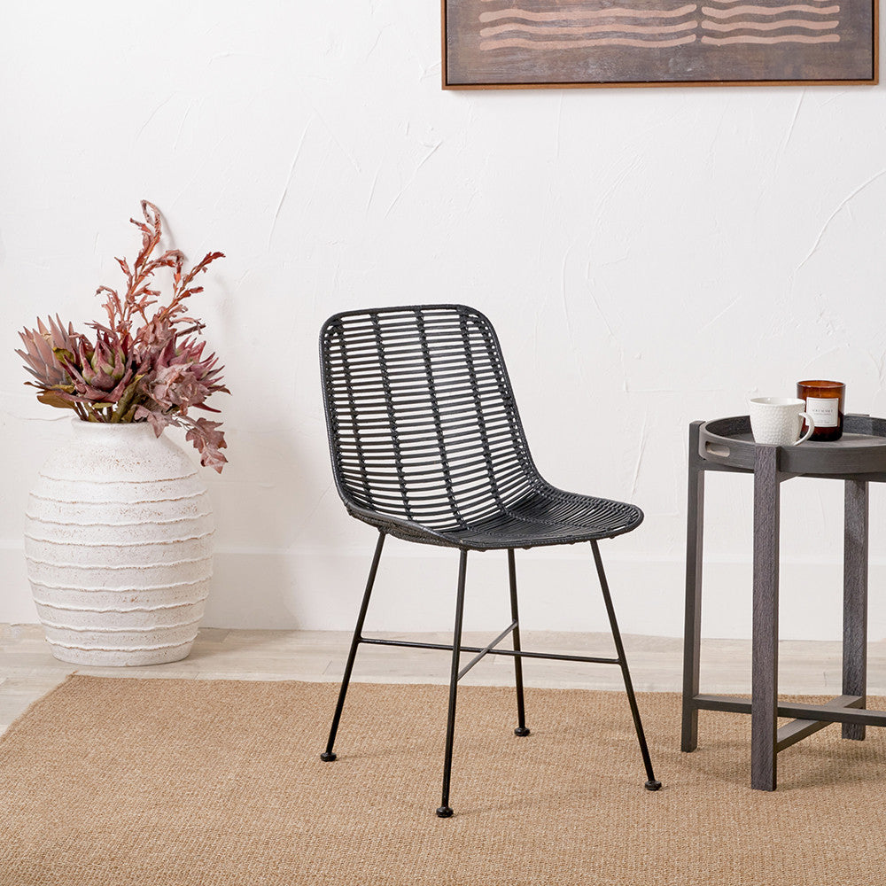 Black Rattan Core and Black Metal Dining Chair