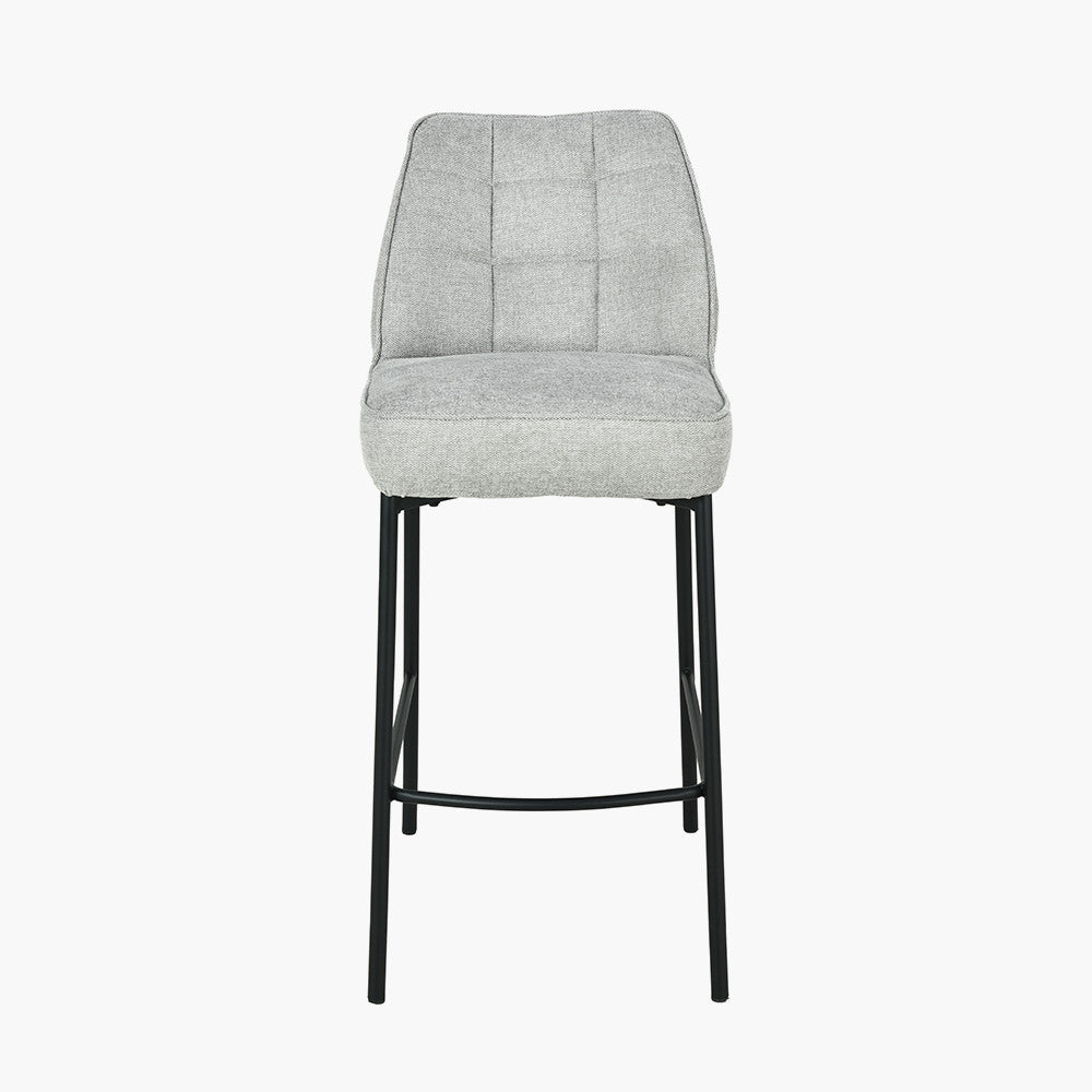 Enya Light Grey Chenille and Black Metal Quilted Back Bar Stool
