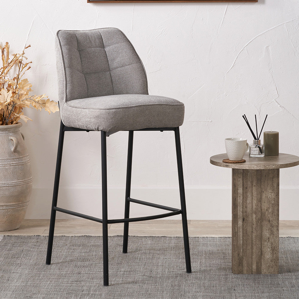 Enya Light Grey Chenille and Black Metal Quilted Back Bar Stool