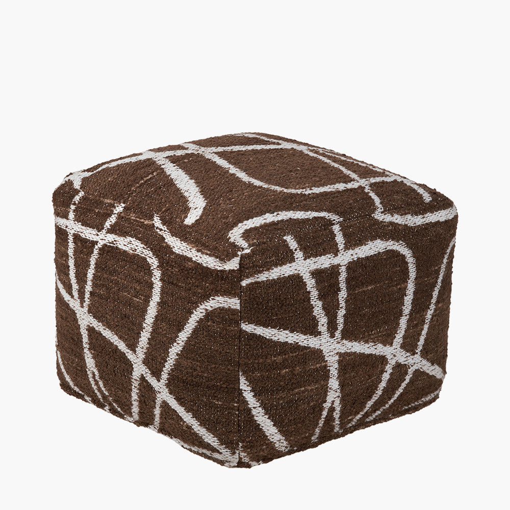 Indoor Outdoor Chocolate Brown and White Abstract Swirl Design Pouffe