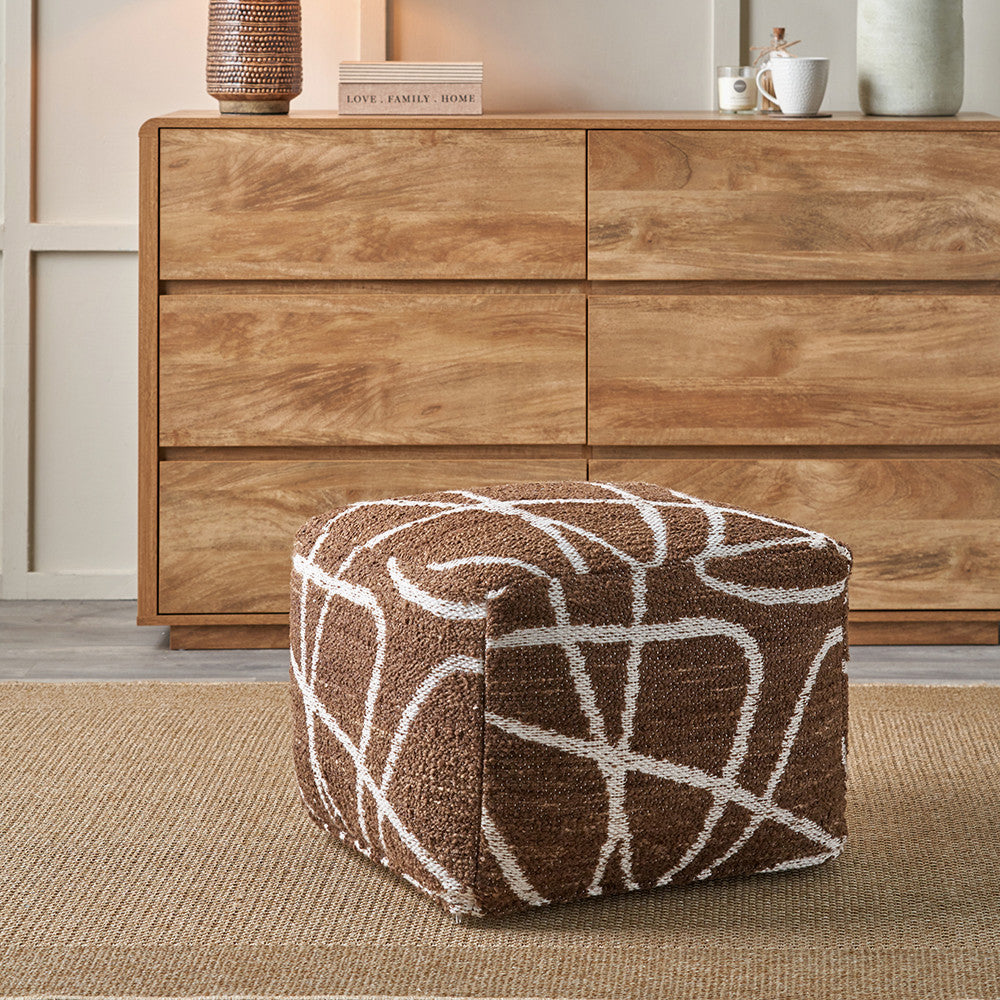 Indoor Outdoor Chocolate Brown and White Abstract Swirl Design Pouffe