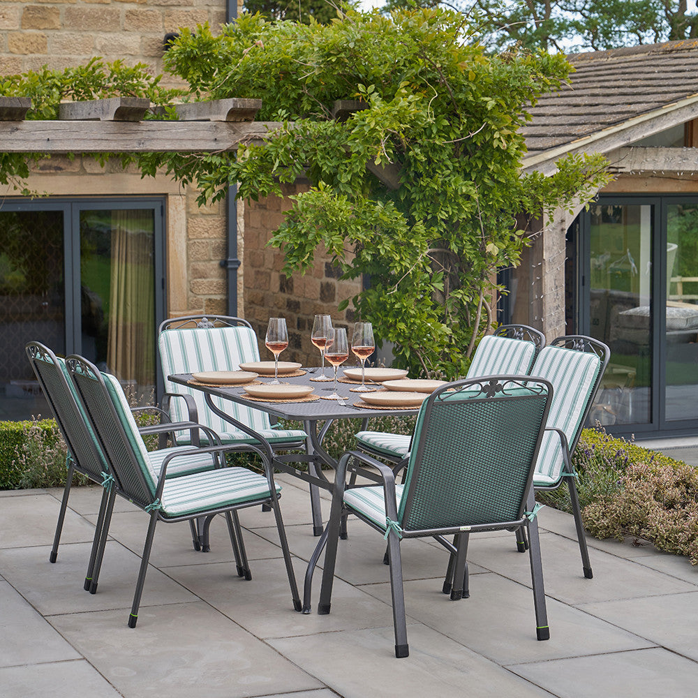 Savoy Rectangular 6 Seater Dining Set with Sage Green Striped/Plain Cushions