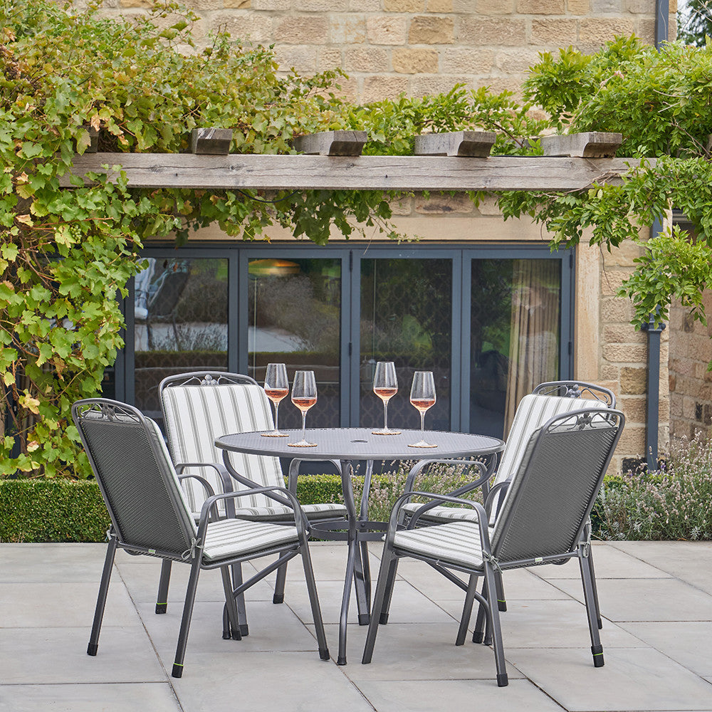 Savoy Round 4 Seater Dining Set with Grey Striped/Plain Cushions