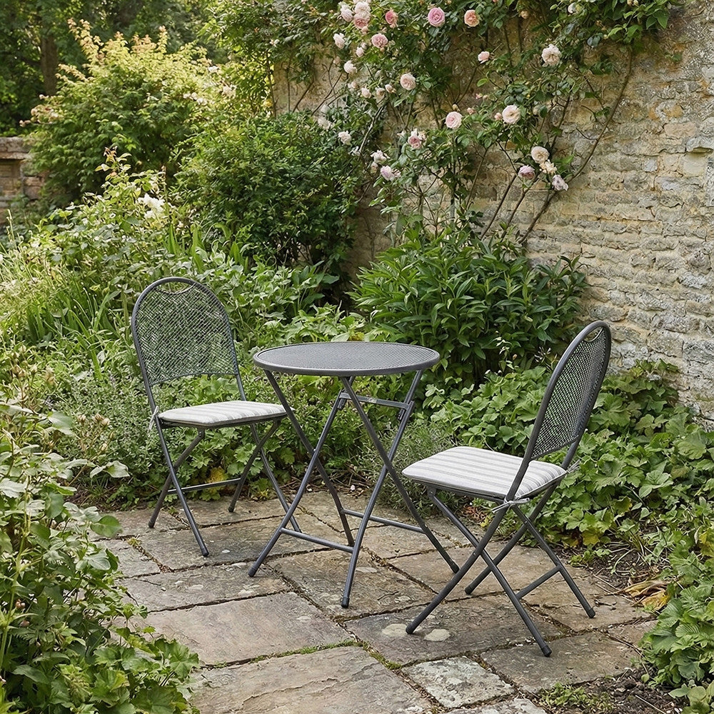 Cafe Latte Balcony Folding Round Set with Grey Striped/Plain Cushions