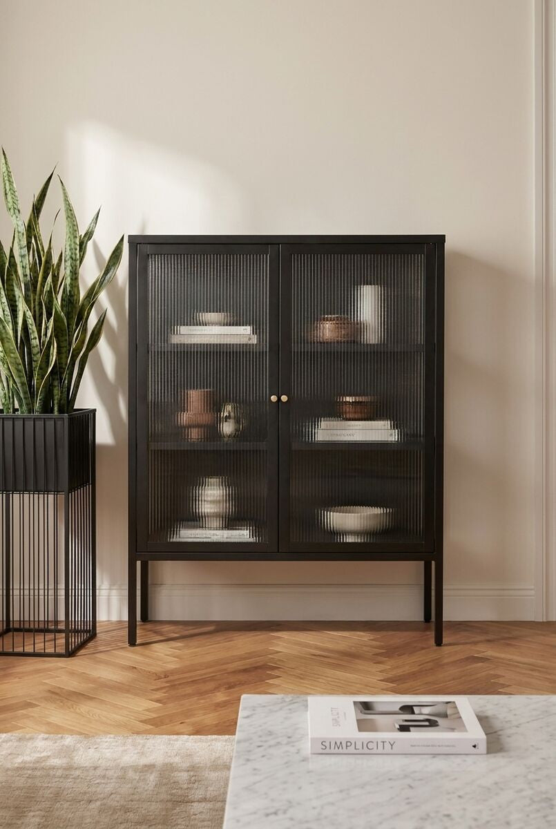 Addison Black Metal and Fluted Glass Door Cabinet