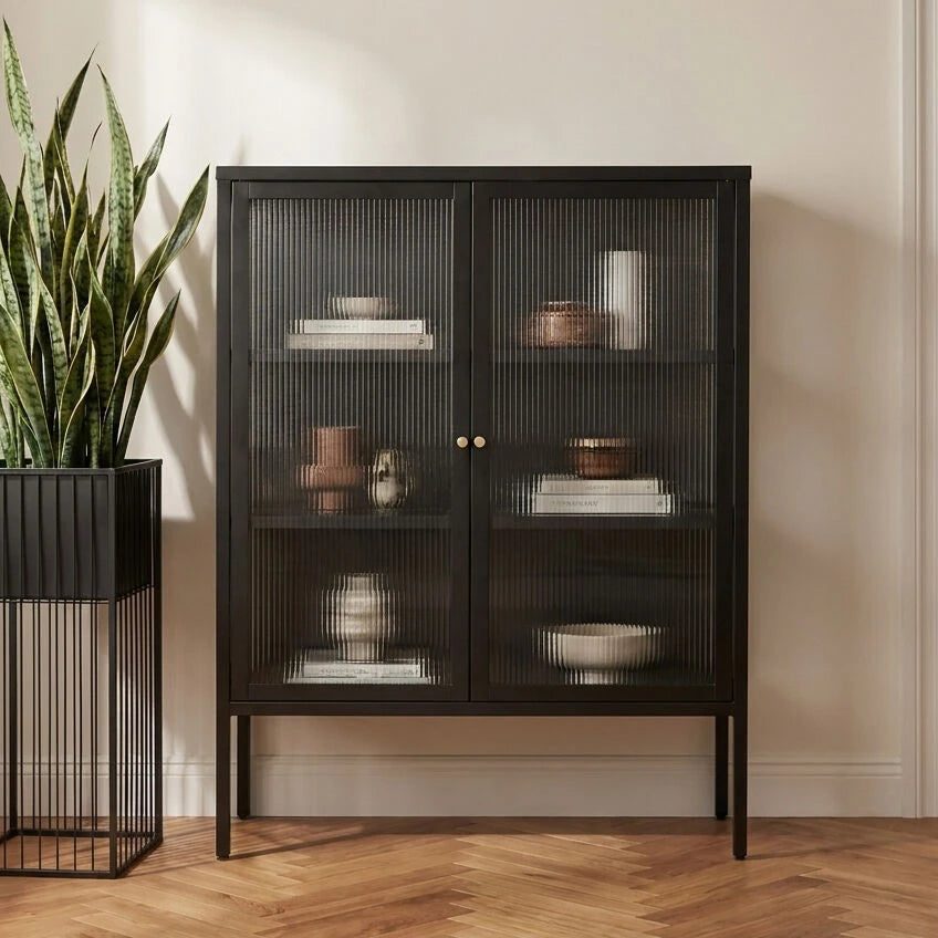 Addison Black Metal and Fluted Glass Door Cabinet
