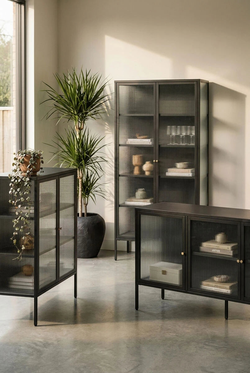 Addison Black Metal and Fluted Glass Door Cabinet
