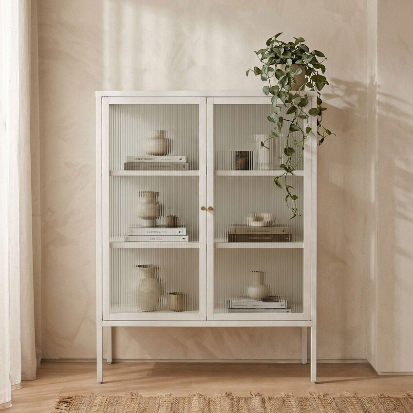Addison Warm White Metal and Fluted Glass Door Cabinet