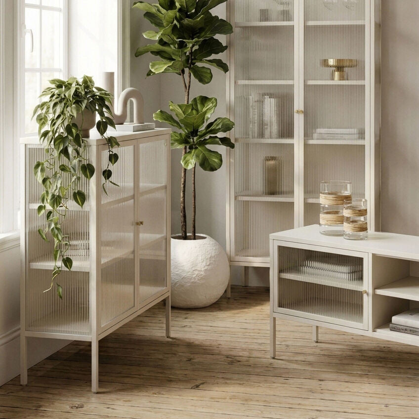 Addison Warm White Metal Fluted Glass Door Tall Cabinet
