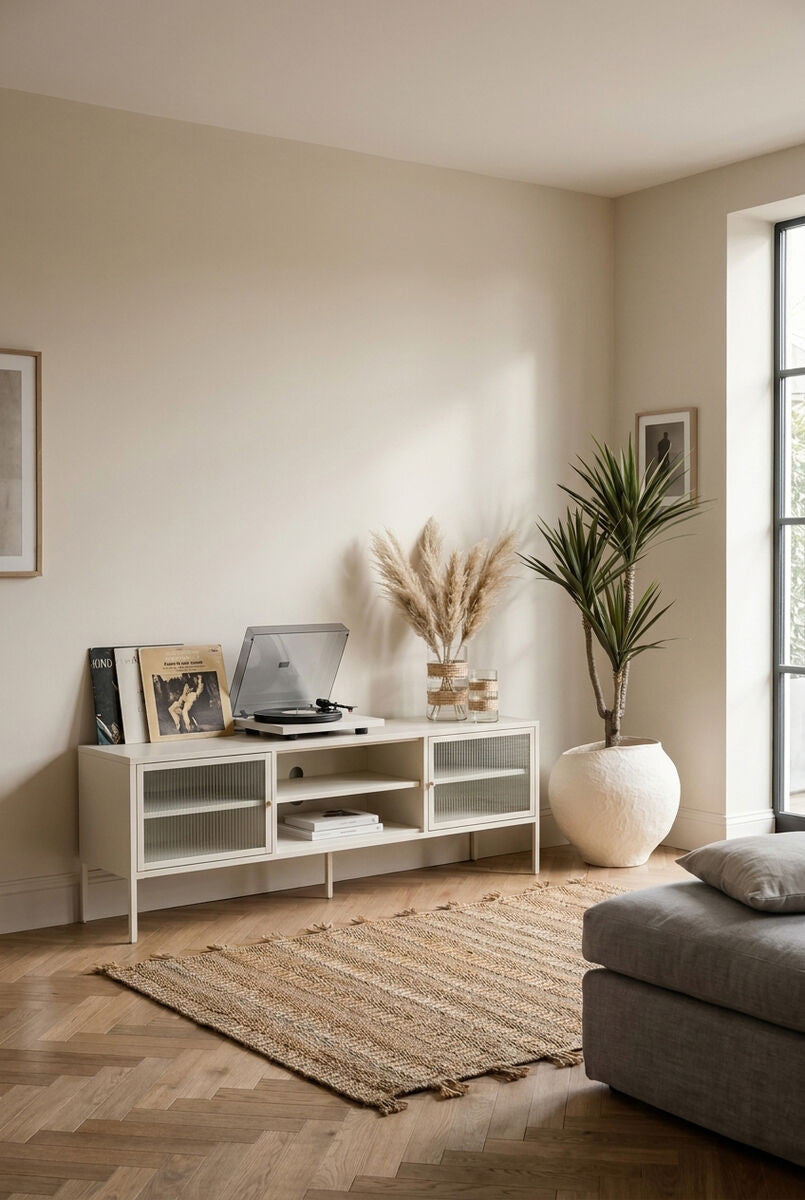 Addison Warm White Metal Fluted Glass Door Media Unit