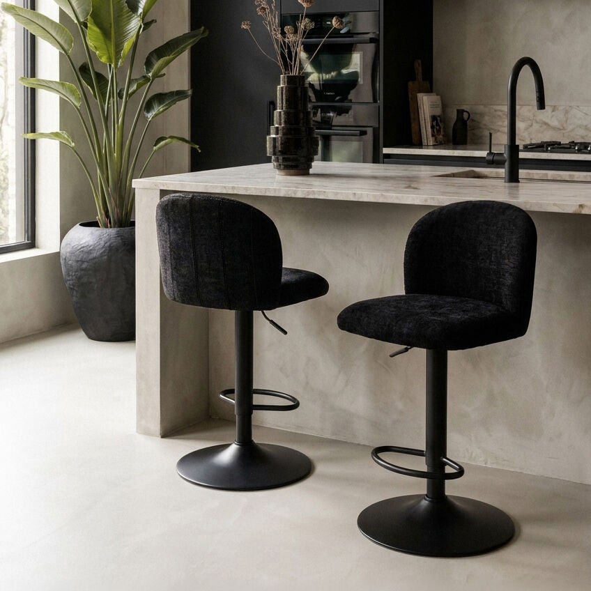 Maxwell Set of 2 Black Textured Fabric Curved Bar Chairs