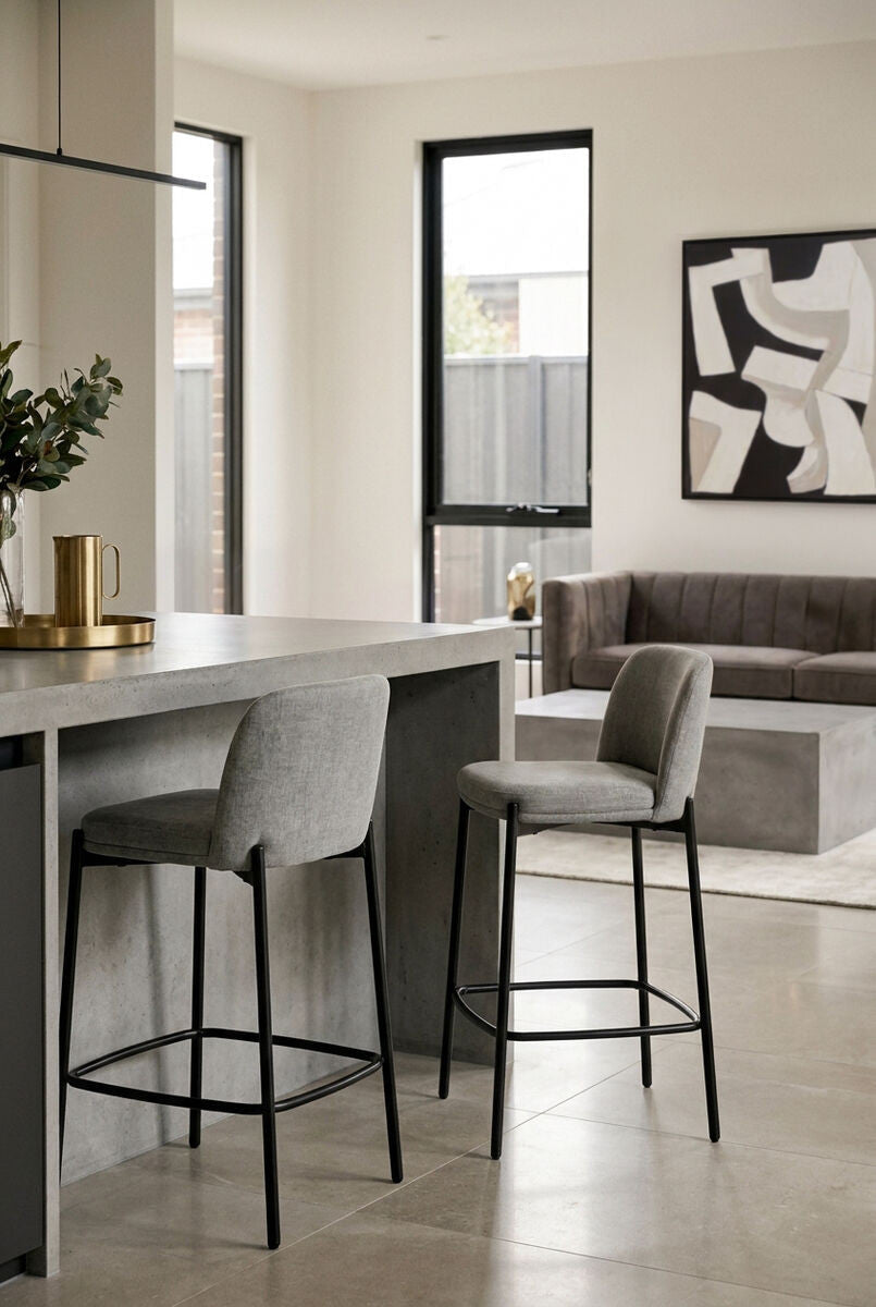 Maxwell Set of 2 Light Grey Textured Fabric Bar Chairs with Black Legs