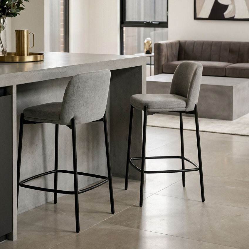 Maxwell Set of 2 Light Grey Textured Fabric Bar Chairs with Black Legs