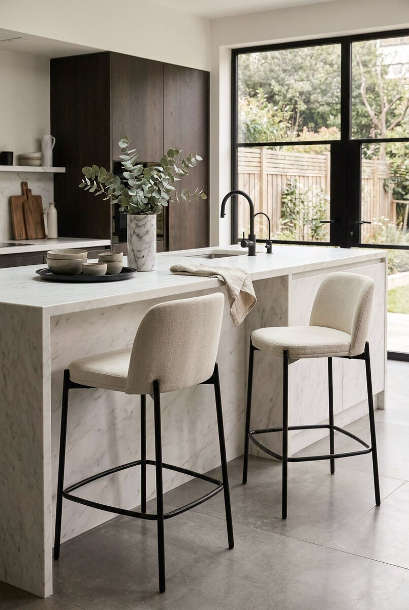 Maxwell Set of Two Beige Textured Fabric Bar Chairs with Black Legs