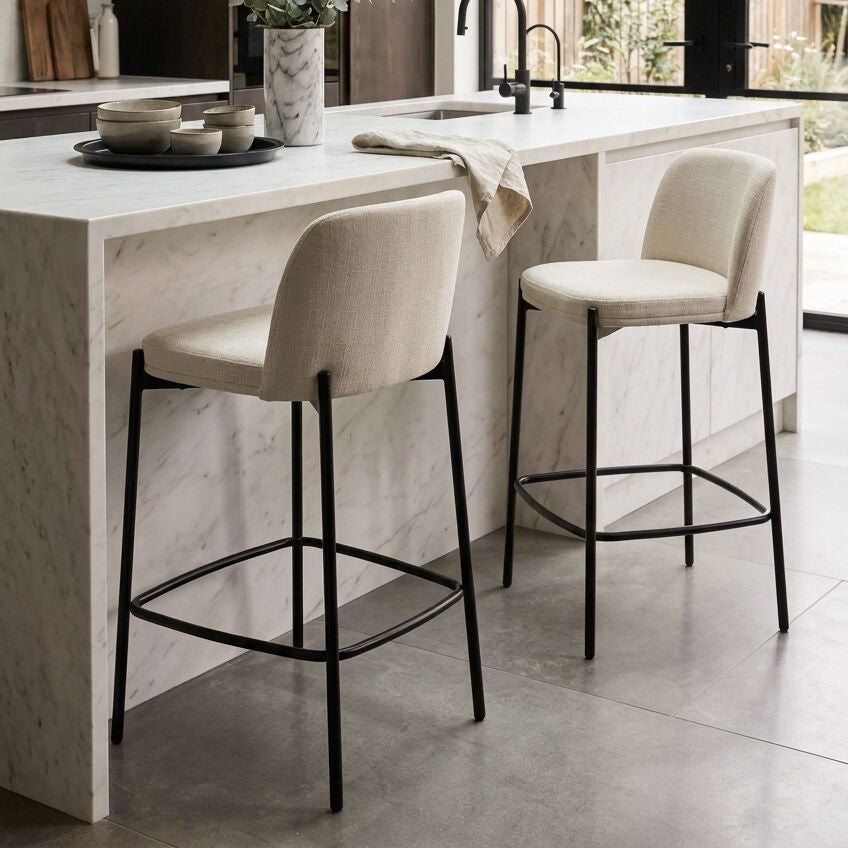 Maxwell Set of Two Beige Textured Fabric Bar Chairs with Black Legs