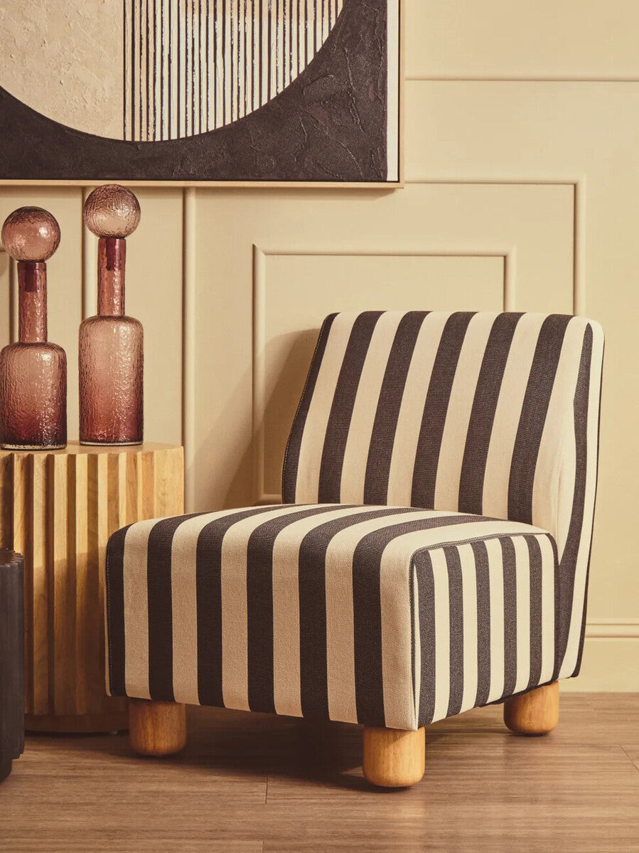 Parlan Black and White Stripe Armless Chair with Wooden Feet