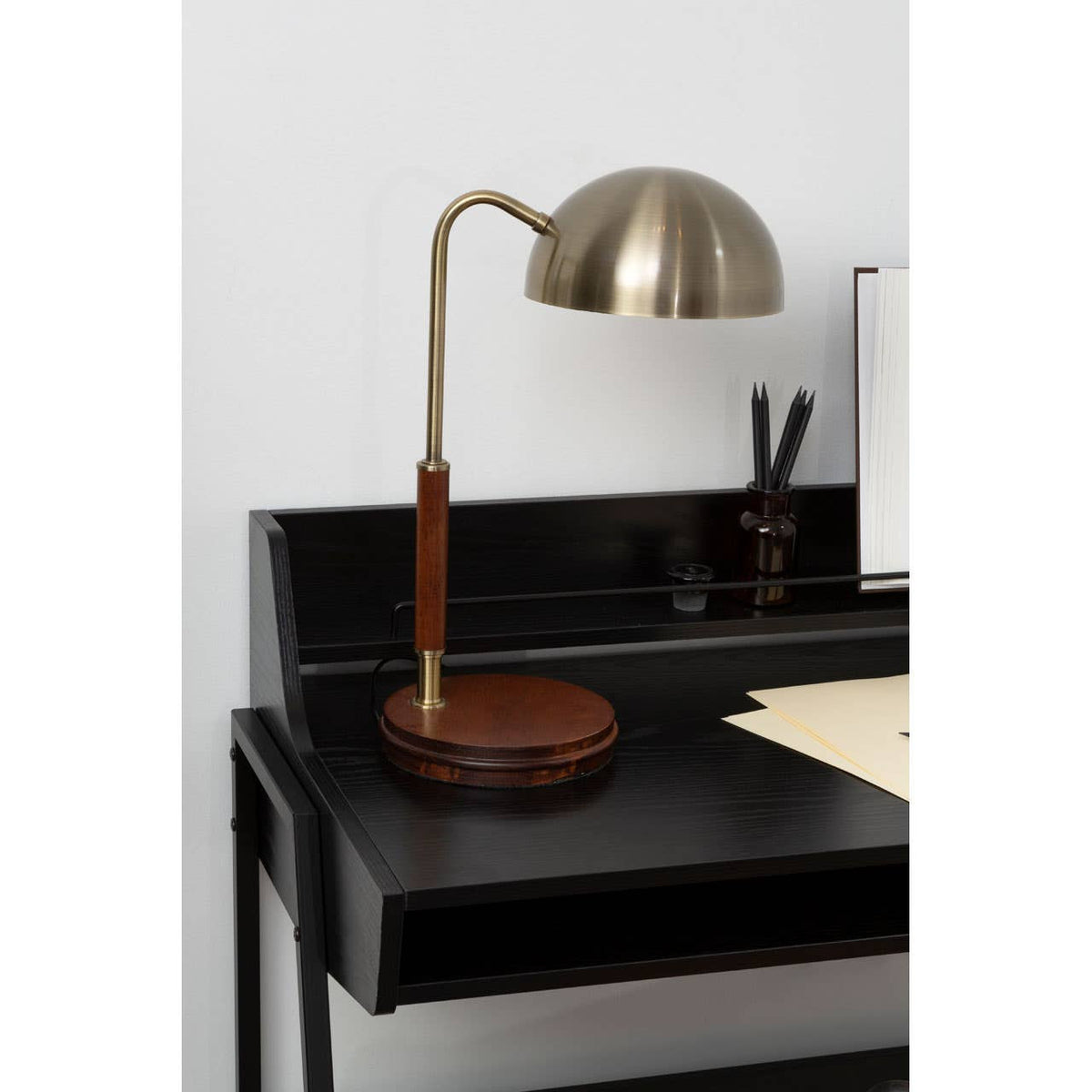 Sydnee Antique Brass Finish Task Lamp with Wood Base