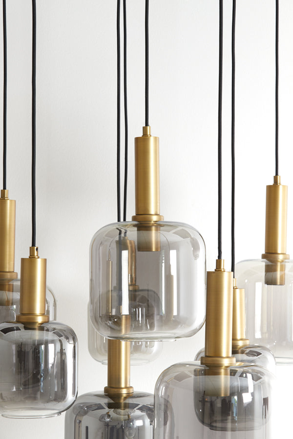 Hanging lamp 9L 83,5x79,5 cm LEKAR antiq bronze+smokd glass