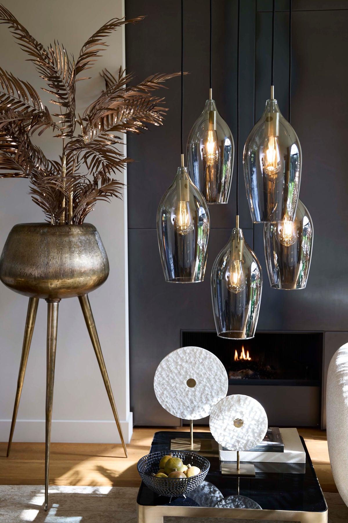 Hanging lamp 5L 45x36 cm LUKARO antique bronze+glass smoked