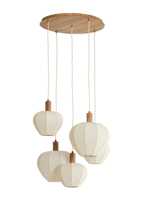 Hanging lamp 5L 76x140 cm HUXI wood print nat.+linen cream