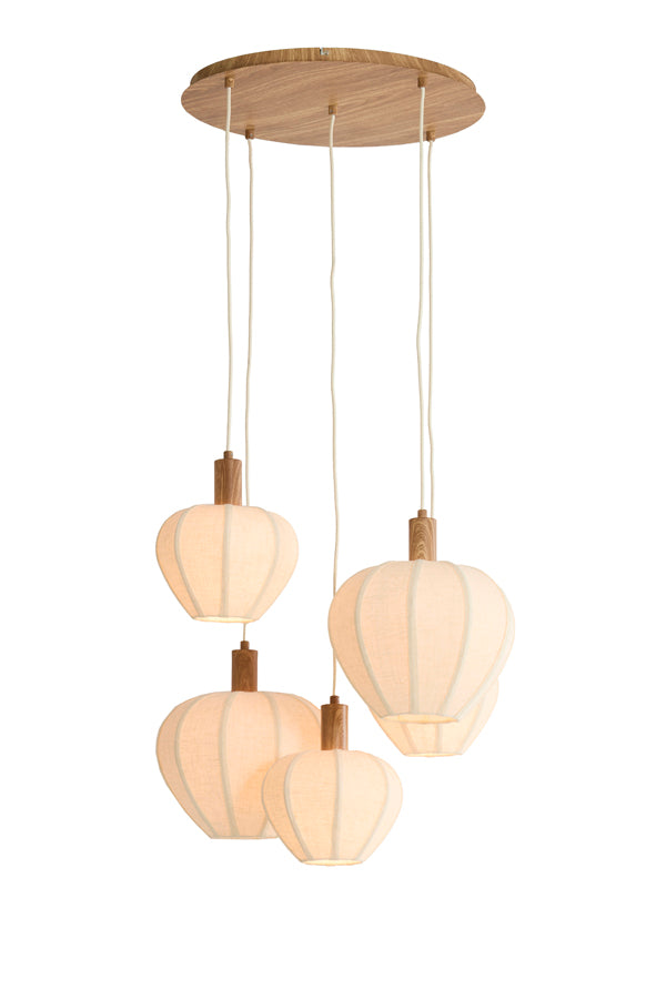 Hanging lamp 5L 76x140 cm HUXI wood print nat.+linen cream