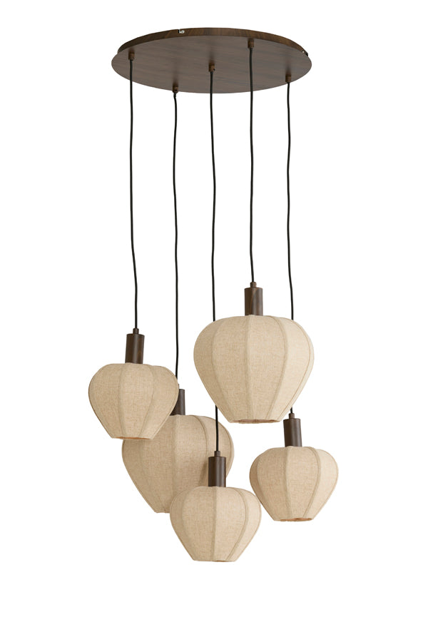 Hanging lamp 5L 76x140 cm HUXI wood prnt d brwn+linen nat.