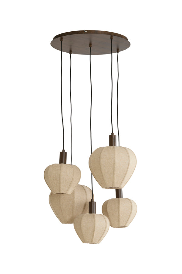 Hanging lamp 5L 76x140 cm HUXI wood prnt d brwn+linen nat.