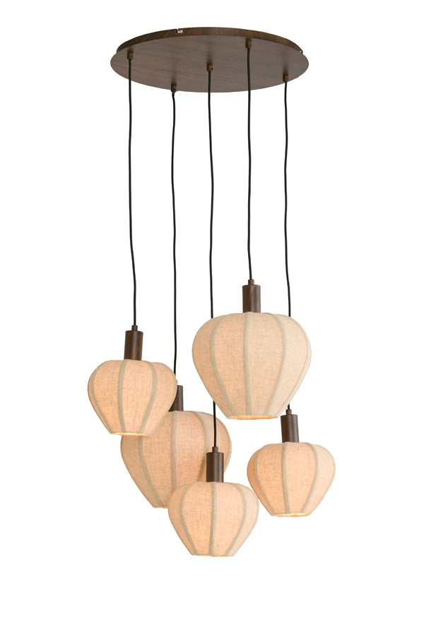Hanging lamp 5L 76x140 cm HUXI wood prnt d brwn+linen nat.