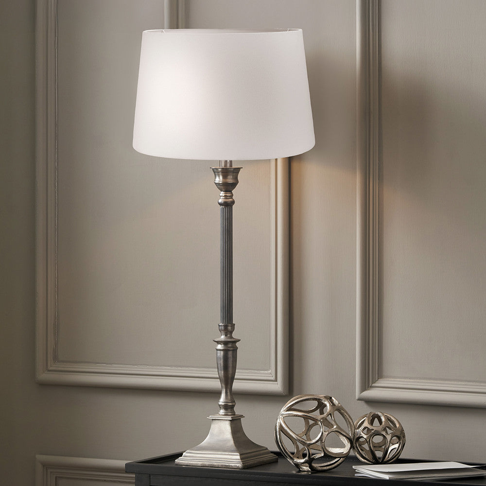 Canterbury Antique Silver Metal Table Lamp Base with Winston 35cm White Handloom Tapered Lampshade
