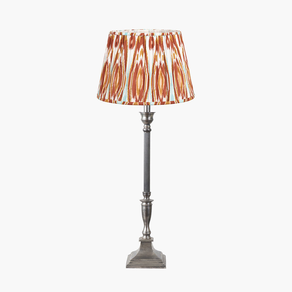 Canterbury Antique Silver Metal Table Lamp Base with Izara 35cm Cinnamon Ikat Patterned Mushroom Pleat Tapered Lampshade