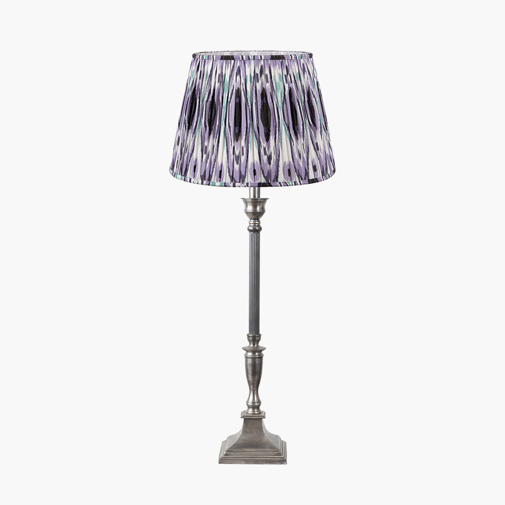 Canterbury Antique Silver Metal Table Lamp Base with Izara 35cm Lilac Ikat Patterned Mushroom Pleat Tapered Lampshade