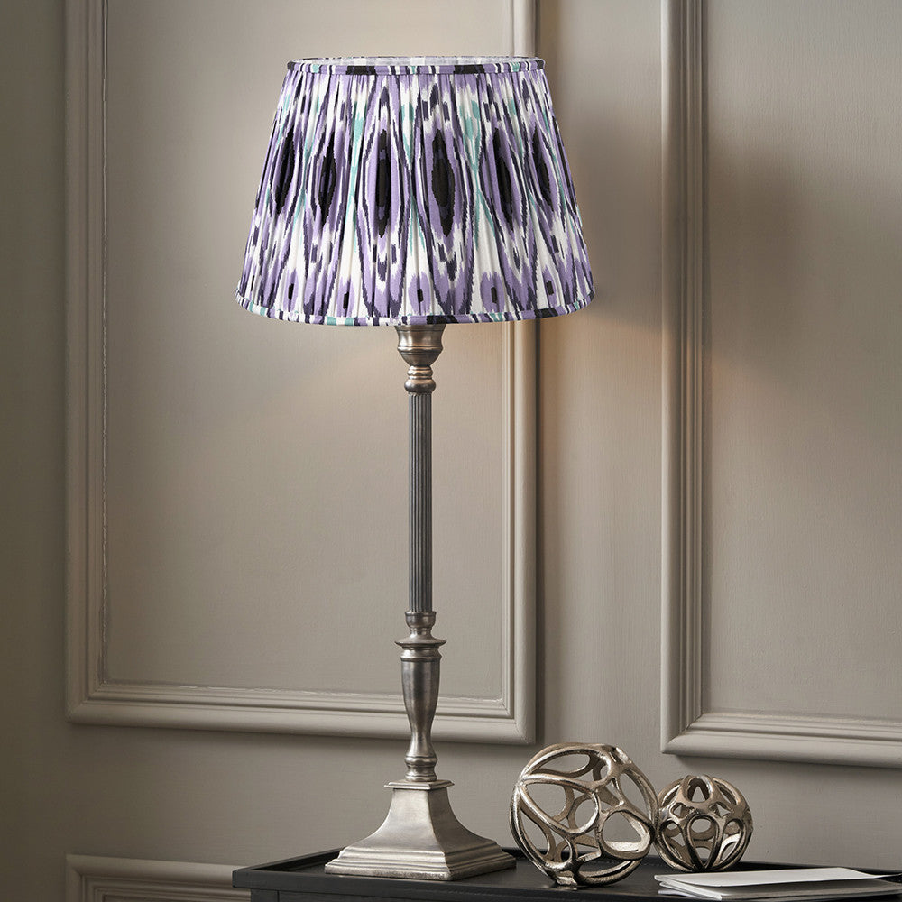 Canterbury Antique Silver Metal Table Lamp Base with Izara 35cm Lilac Ikat Patterned Mushroom Pleat Tapered Lampshade