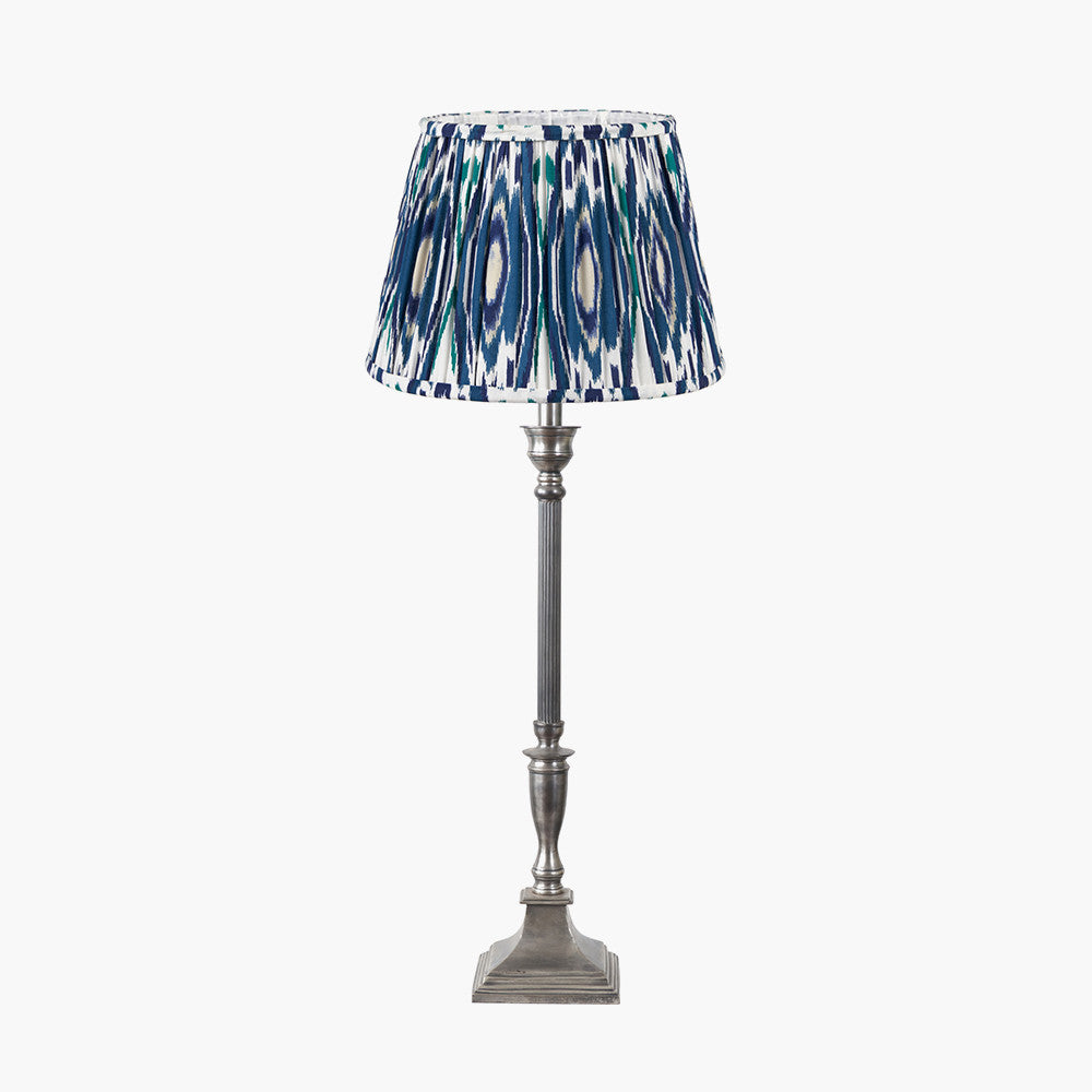 Canterbury Antique Silver Metal Table Lamp Base with Izara 35cm Ocean Blue Ikat Patterned Mushroom Pleat Tapered Lampshade