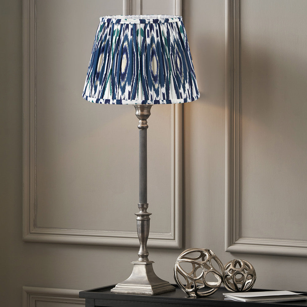 Canterbury Antique Silver Metal Table Lamp Base with Izara 35cm Ocean Blue Ikat Patterned Mushroom Pleat Tapered Lampshade