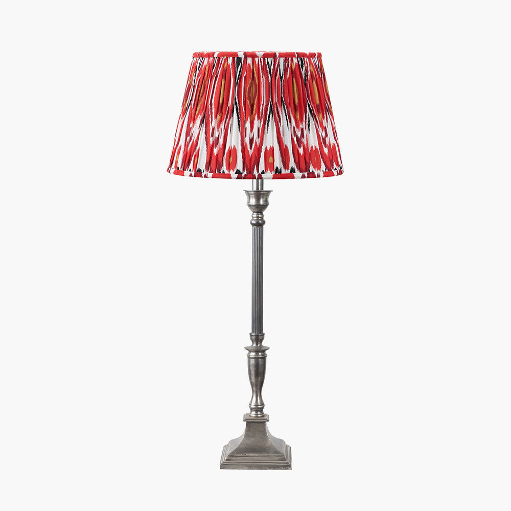 Canterbury Antique Silver Metal Table Lamp Base with Izara 35cm Red Ikat Patterned Mushroom Pleat Tapered Lampshade