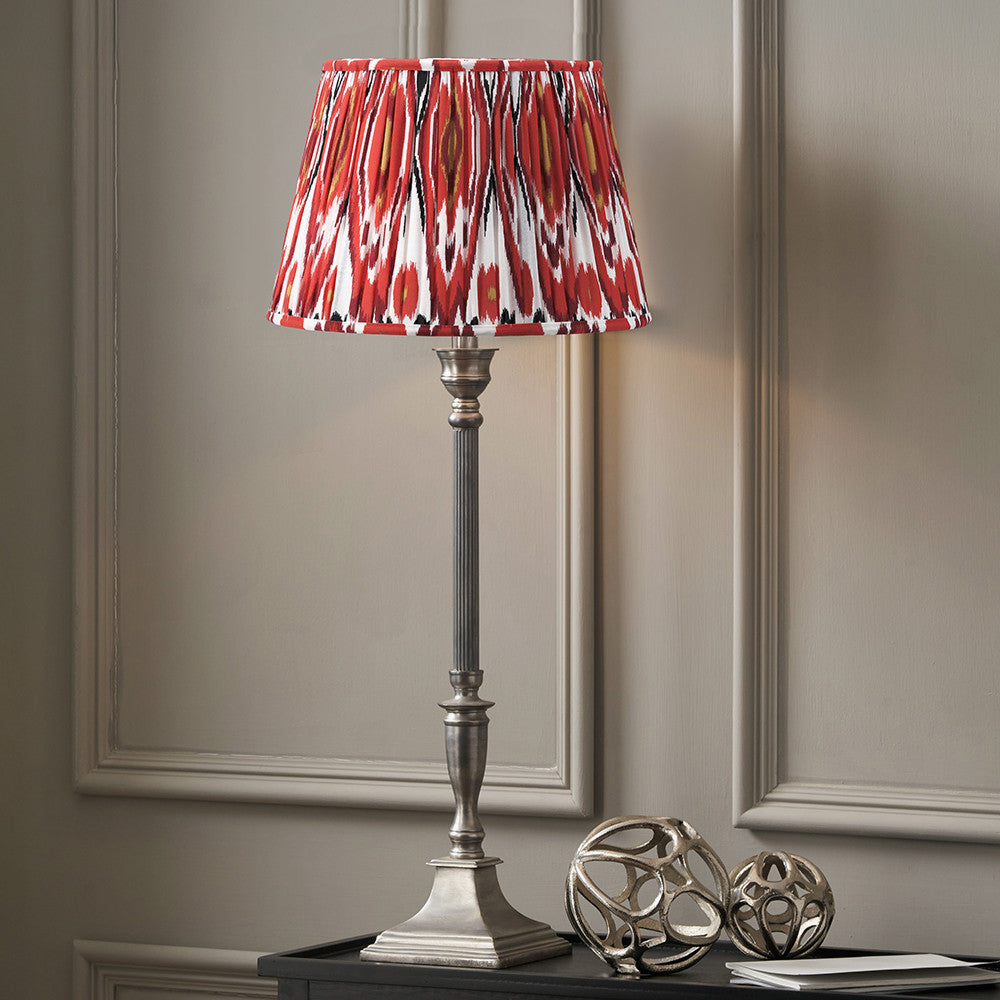 Canterbury Antique Silver Metal Table Lamp Base with Izara 35cm Red Ikat Patterned Mushroom Pleat Tapered Lampshade