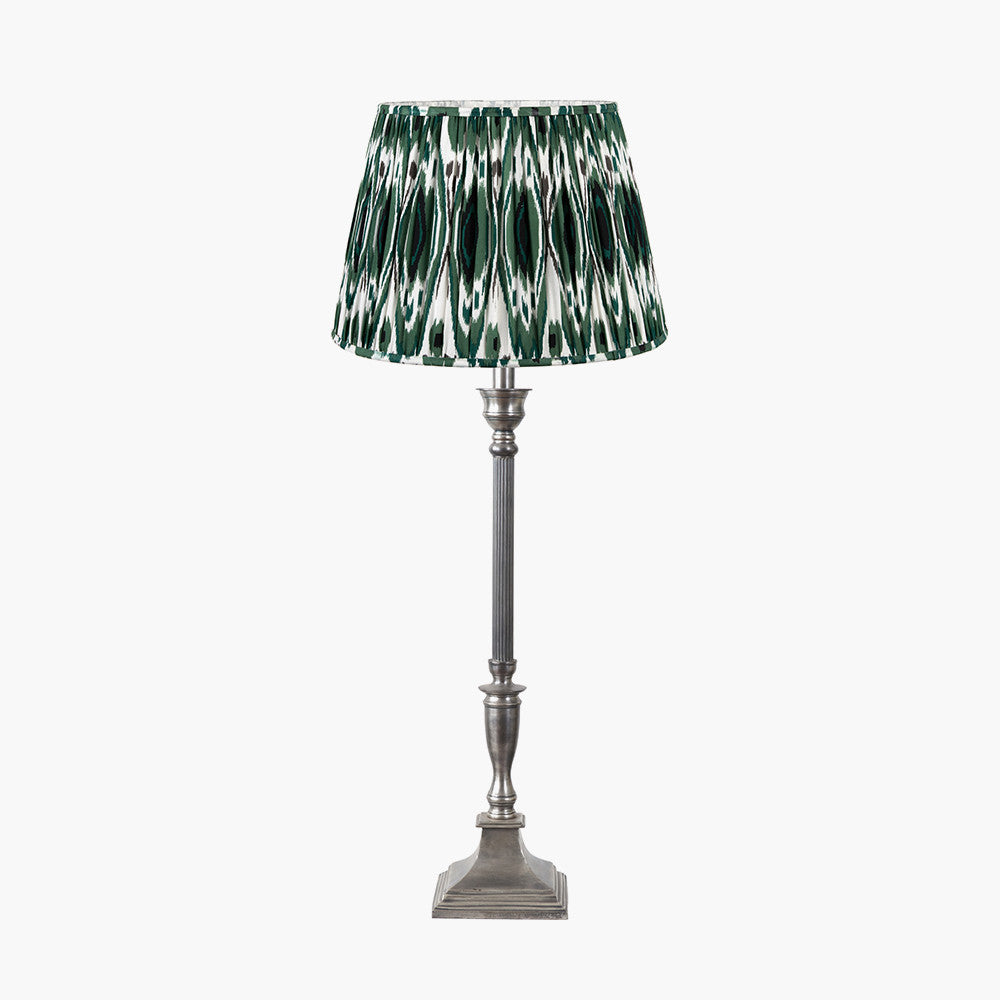 Canterbury Antique Silver Metal Table Lamp Base with Izara 35cm Racing Green Ikat Patterned Mushroom Pleat Tapered Lampshade