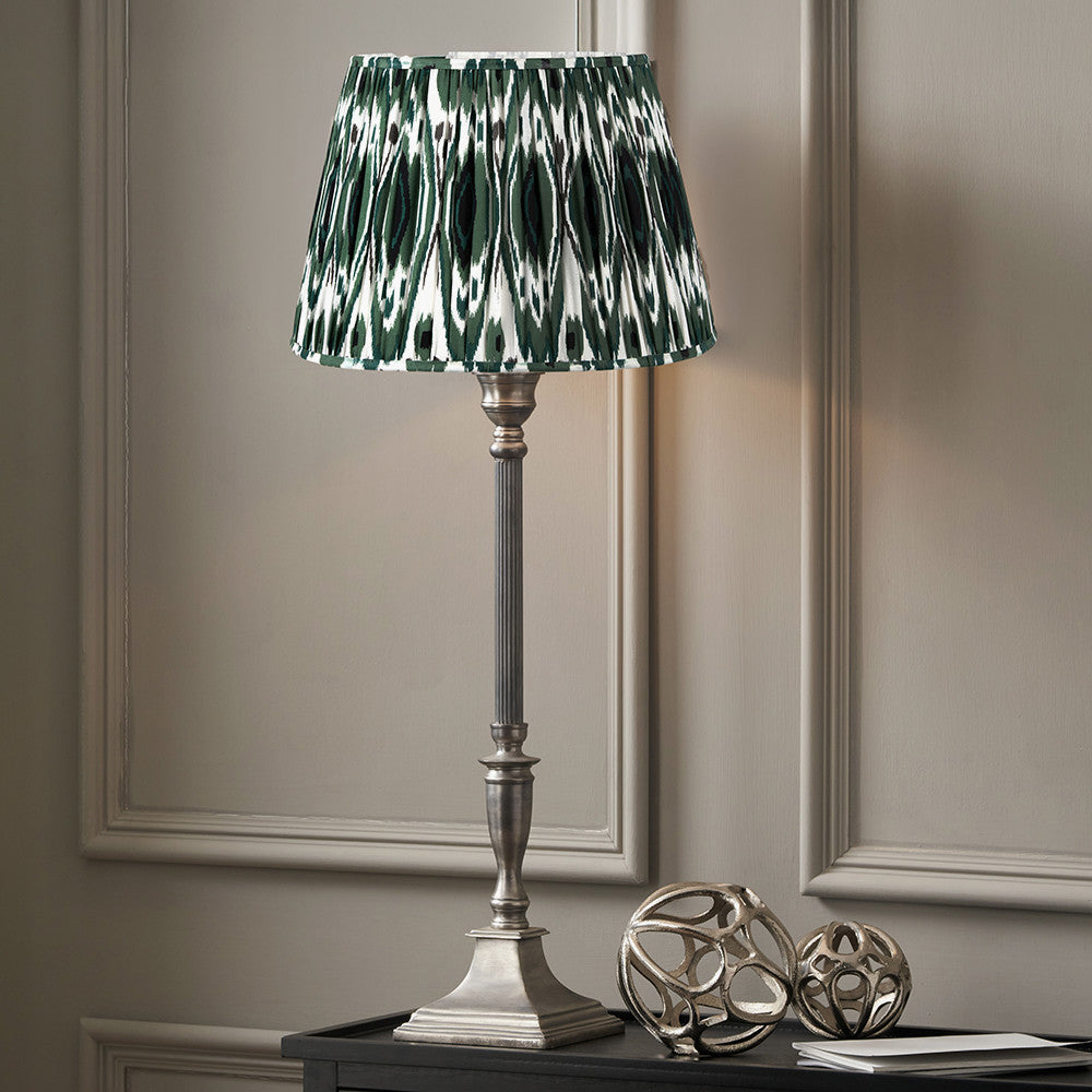Canterbury Antique Silver Metal Table Lamp Base with Izara 35cm Racing Green Ikat Patterned Mushroom Pleat Tapered Lampshade