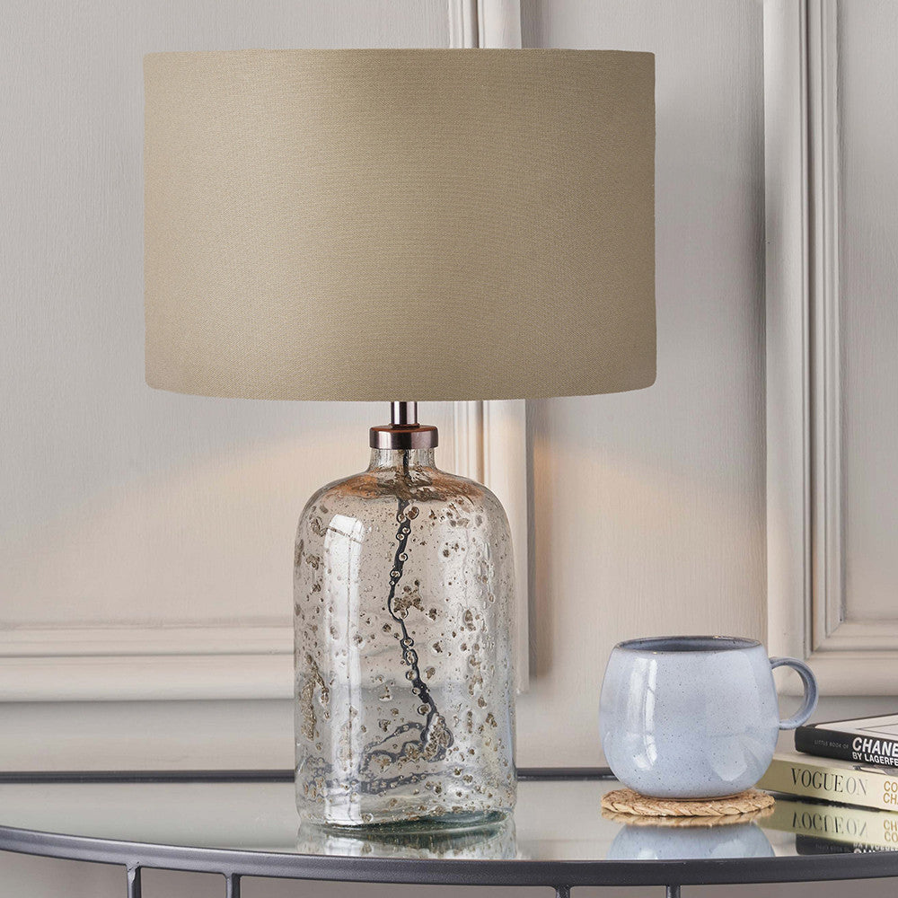 Ophelia Small Grey Bubble Glass Table Lamp Base with Henry 30cm Taupe Handloom Cylinder Lampshade