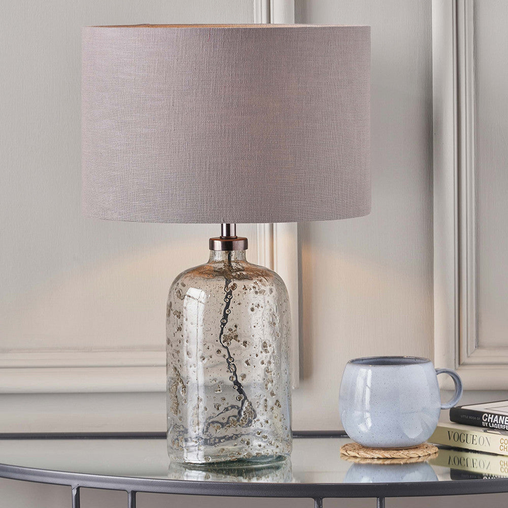 Ophelia Small Grey Bubble Glass Table Lamp Base with Lino 30cm Steel Grey Self Lined Linen Cylinder Lampshade
