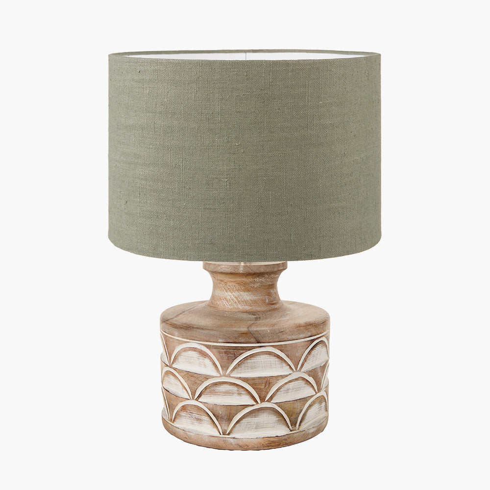 Kingsbury White Wash Large Carved Wood Table Lamp Base with Edward 40cm Pistachio Green Linen Cylinder Lampshade
