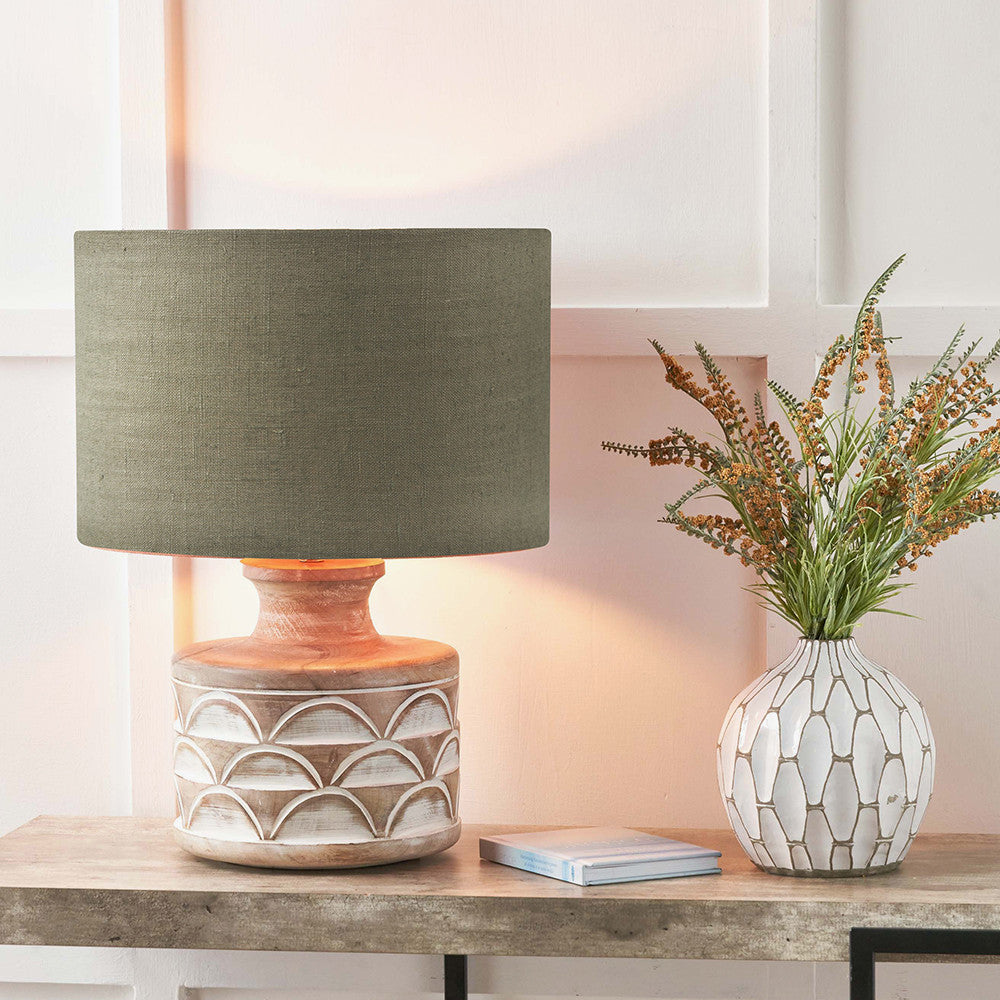 Kingsbury White Wash Large Carved Wood Table Lamp Base with Edward 40cm Pistachio Green Linen Cylinder Lampshade