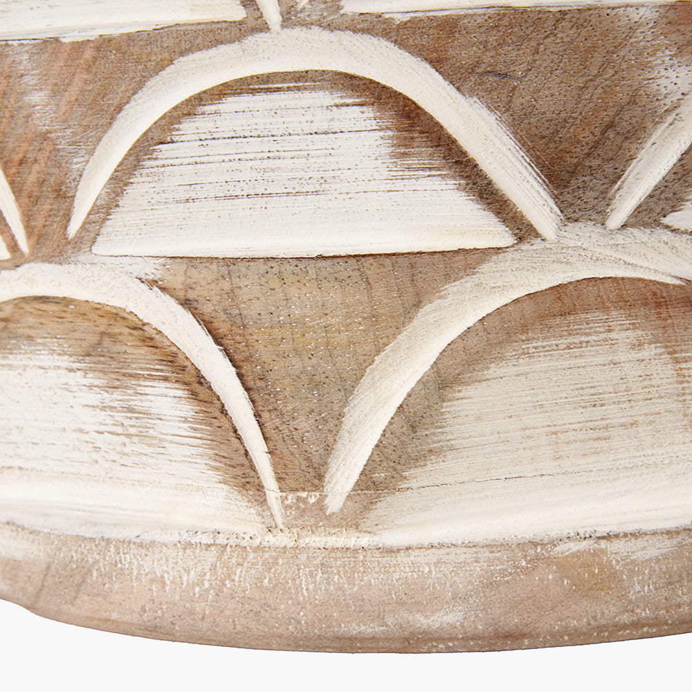 Kingsbury White Wash Large Carved Wood Table Lamp Base with Lino 40cm Cinnamon Self Lined Linen Cylinder Lampshade